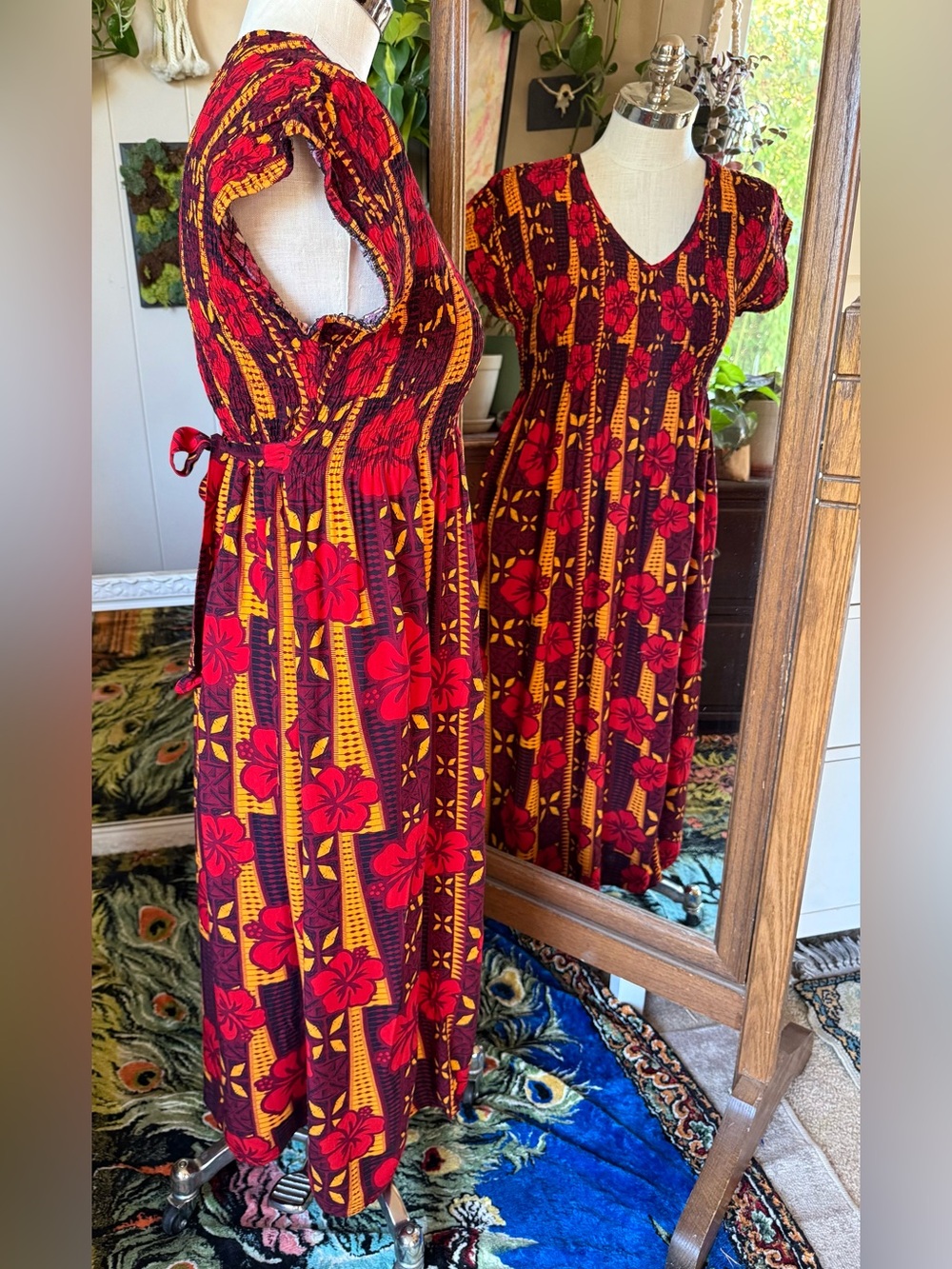Mesian Original Style Tropical Floral Smocked Midi Dress, size XL - Picture 3 of 9